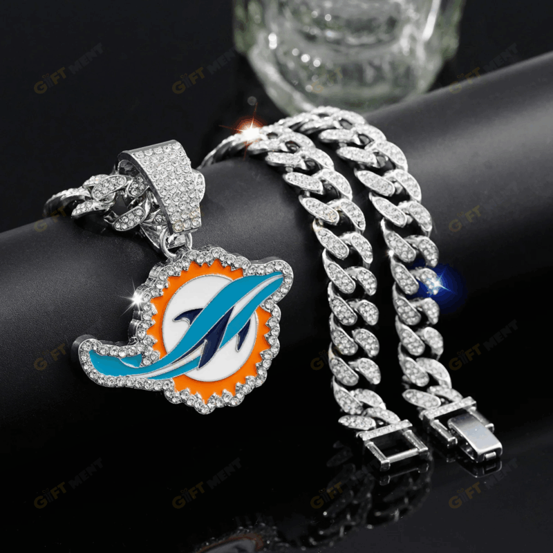 Miami Dolphins Hip Hop Iced Out Bling Pendant Cuban Chain