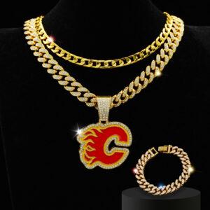 Calgary Flames Iced Out Pendant Cuban Chain & Bracelet Set