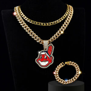 Cleveland Indians Chief Wahoo Iced Out Pendant Cuban Chain & Bracelet Set
